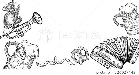 Oktoberfest banner black white vector isolated. Wooden beer mug, tankard beer, accordion and trumpet monochrome banner Beer fest. German hat, musical instruments hand drawn by ink on border. 120027445