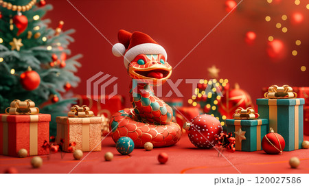 Playful cartoon snake in Santa hat with decorated Christmas tree. Generative AI Playful cartoon snake in Santa hat with decorated Christmas tree. Generative AI 120027586