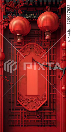 Red Chinese New Year paper cut with lanterns, floral decorations background. Generative AI Red Chinese New Year paper cut with lanterns, floral decorations background. Generative AI 120027622