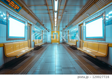 A train station platform with benches for seating and a yellow door in the background, mockup 120027728