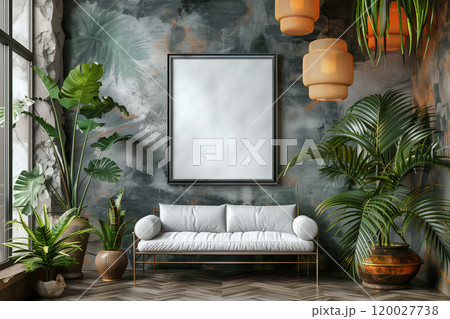 living room couch, green potted plants, and a mirror on the wall, mockup 120027738