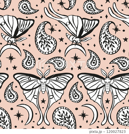 Monochrome seamless pattern with celestial luna moth and paisley motif 120027823