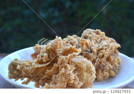 crispy fried salty chicken tight and leg with bread crumb and egg yolk on plate 120027933
