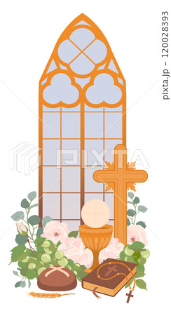 First Communion symbols. Vector. Golden wine cup, Grail, bread, Bible, rosary, wine, white roses and crucifix. Festively decorated altar in the church. Clipart for holiday invitations, greeting cards. First Communion symbols. Vector. Golden wine cup, Grail, bread, Bible, rosary, wine, white roses and crucifix. Festively decorated altar in the church. Clipart for holiday invitations, greeting cards. 120028393