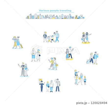 歩いているさまざまな人々　旅行　セット 120028494