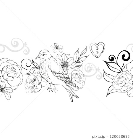 Victorian bird and roses, border, seamless pattern. Vintage flowers, botanical arrangement. Romantic anemone and peony. For greeting cards, wedding, fabric, printing. Graphic vector line, hand drawn Victorian bird and roses, border, seamless pattern. Vintage flowers, botanical arrangement. Romantic anemone and peony. For greeting cards, wedding, fabric, printing. Graphic vector line, hand drawn 120028653