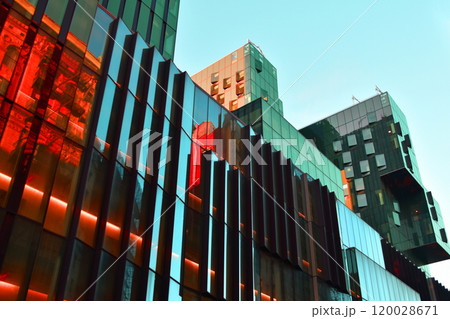 Colorful glass skyscrapers, building facades, minimalistic cityscape, modern architecture 120028671