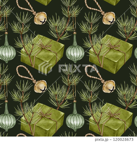 Christmas tree decoration, bell, and pine branch with Watercolor seamless pattern on black. Hand drawn illustration for New Year and winter holidays designs in realistic style. Christmas tree decoration, bell, and pine branch with Watercolor seamless pattern on black. Hand drawn illustration for New Year and winter holidays designs in realistic style. 120028673