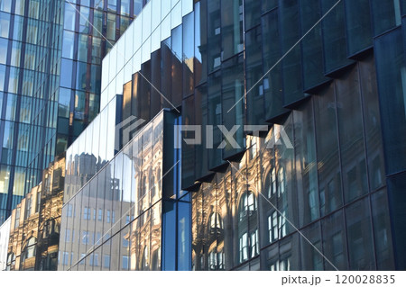Colorful glass skyscrapers, building facades, minimalistic cityscape, modern architecture 120028835