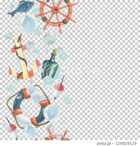 Anchor, ship's wheel, lifebuoy, float fishing float with fish and bubbles. Watercolor hand-drawn illustration. Seamless border vertical, pattern, endlessly repeating ornament, on a white background 120029129
