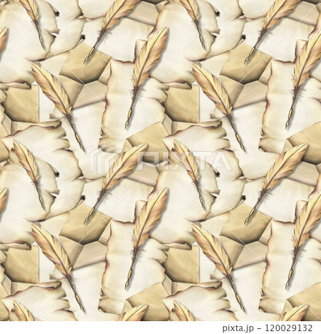 Kraft paper sheet, envelopes, gold ink pen for writing in vintage retro style. Watercolor illustration hand drawn. Seamless pattern, endlessly repeating ornament. 120029132