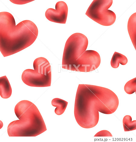 Hearts red passionate, voluminous, different sizes and tilts, romantic for weddings, Valentine's Day. Watercolor illustration hand-drawn. Seamless pattern on a white background, infinitely repeating. Hearts red passionate, voluminous, different sizes and tilts, romantic for weddings, Valentine's Day. Watercolor illustration hand-drawn. Seamless pattern on a white background, infinitely repeating. 120029143