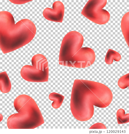 Hearts red passionate, voluminous, different sizes and tilts, romantic for weddings, Valentine's Day. Watercolor illustration hand-drawn. Seamless pattern on a white background, infinitely repeating. Hearts red passionate, voluminous, different sizes and tilts, romantic for weddings, Valentine's Day. Watercolor illustration hand-drawn. Seamless pattern on a white background, infinitely repeating. 120029143