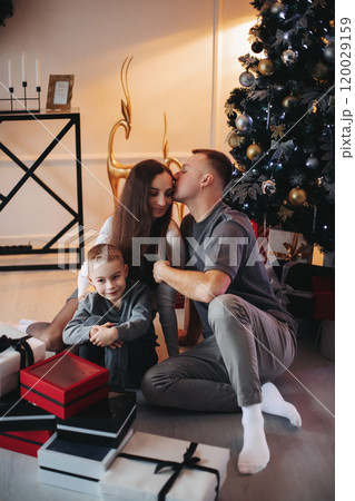 A family around the Christmas tree in the new year A family around the Christmas tree in the new year 120029159