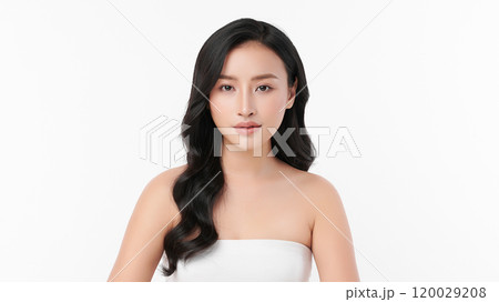 Beautiful young asian woman with clean fresh skin on white background, Face care, Facial treatment, Cosmetology, beauty and spa, Asian women portrait. 120029208