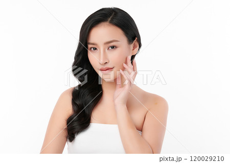 Beautiful young asian woman with clean fresh skin on white background, Face care, Facial treatment, Cosmetology, beauty and spa, Asian women portrait. 120029210