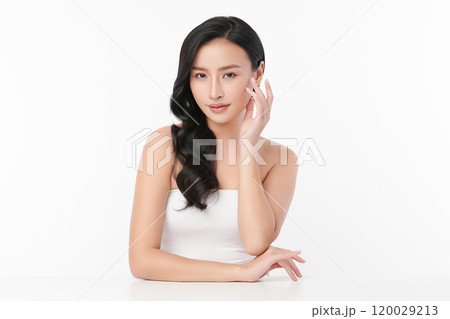 Beautiful young asian woman with clean fresh skin on white background, Face care, Facial treatment, Cosmetology, beauty and spa, Asian women portrait. Beautiful young asian woman with clean fresh skin on white background, Face care, Facial treatment, Cosmetology, beauty and spa, Asian women portrait. 120029213