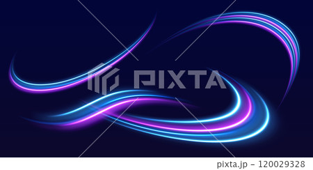 Speed police line. Laser beams, horizontal light rays. Magic shining neon light line trails. Purple glowing wave swirl, impulse cable lines. High speed effect motion blur night lights Speed police line. Laser beams, horizontal light rays. Magic shining neon light line trails. Purple glowing wave swirl, impulse cable lines. High speed effect motion blur night lights 120029328