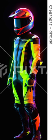 motorcycle helmet with neon lights on a dark background. helmet glass in neon lighting 120029425