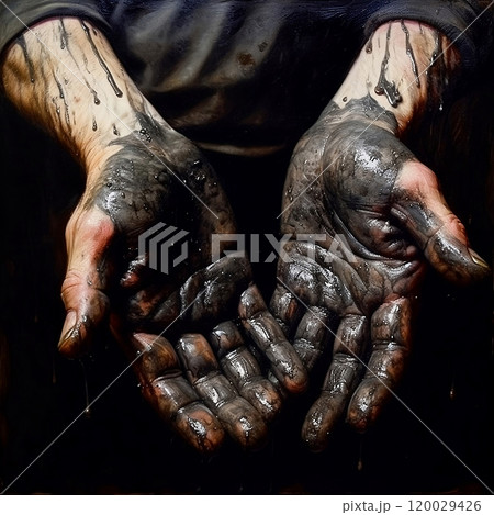 Male hands covered in oil, oil completely covers the mechanic's arm and drips down. 120029426