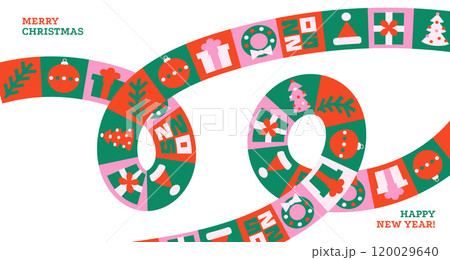 Merry Christmas and Happy New Year greeting cards template. Modern Xmas design with wavy loops pattern in green, red, pink white colors. Christmas tree, ball, decoration elements. Vector 120029640