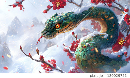 雪景色の中に佇む緑の蛇のイラスト素材 [120029721] - PIXTA