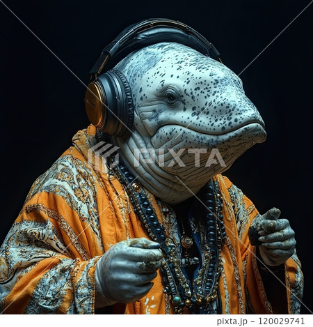whale is a rapper in the disco music studio, wearing trapper clothes and trapper accessories, isolated on black background 120029741