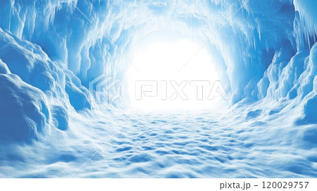 Light shining at end of ice cave tunnel 120029757