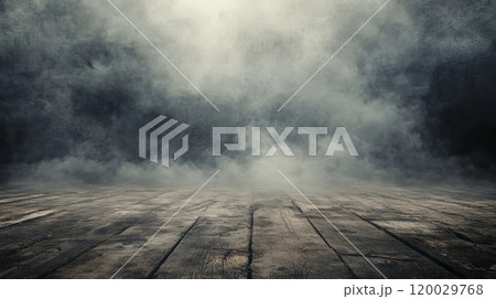 Smoke filling empty room with wooden floor and grunge concrete wall 120029768