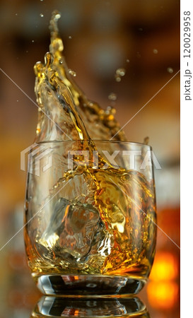 Freeze motion of falling ice cube into glass with whiskey . Bar with bottles on background. 120029958
