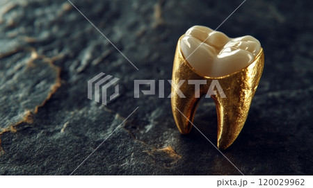 Gold dental crown covering a real tooth on dark stone surface 120029962