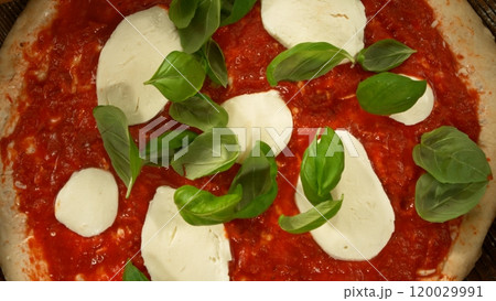 Super slow motion of falling fresh basil leaves on pizza dough with sugo, top down view Super slow motion of falling fresh basil leaves on pizza dough with sugo, top down view 120029991