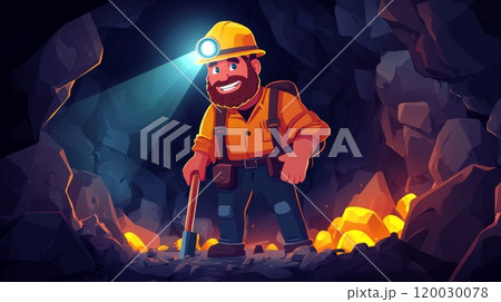Miner discovering gold nuggets in a dark cave with headlamp and pickaxe 120030078