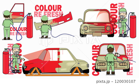 Set of worker Spraying colour on car part. Flat vector illustration concept. Set of worker Spraying colour on car part. Flat vector illustration concept. 120030107