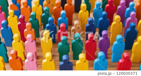 Colorful crowd of wooden figures representing diversity and inclusion Colorful crowd of wooden figures representing diversity and inclusion 120030371