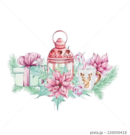 Watercolor Christmas arrangement red lantern with Red poinsettia and holly green leaves and mug, isolated. Romantic retro style. Winter festive decor. Hand drawn watercolor illustration isolated on Watercolor Christmas arrangement red lantern with Red poinsettia and holly green leaves and mug, isolated. Romantic retro style. Winter festive decor. Hand drawn watercolor illustration isolated on 120030418
