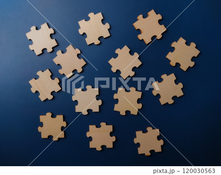 Top view blank wooden puzzle on a blue background. Top view blank wooden puzzle on a blue background. 120030563
