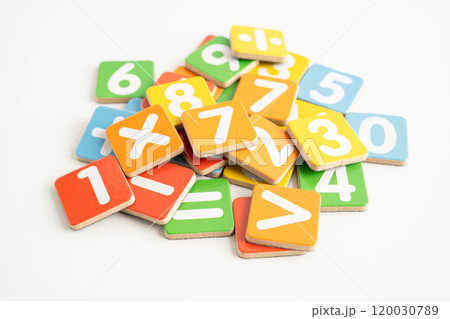 Number wood block cubes for learning Mathematic, education math concept. Number wood block cubes for learning Mathematic, education math concept. 120030789