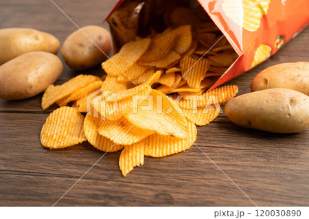 Potato chips , delicious BBQ seasoning spicy for crips, thin slice deep fried snack fast food. Potato chips , delicious BBQ seasoning spicy for crips, thin slice deep fried snack fast food. 120030890