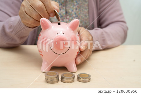 Retired elderly woman counting coins money with piggy bank and worry about monthly expenses and treatment fee payment. Retired elderly woman counting coins money with piggy bank and worry about monthly expenses and treatment fee payment. 120030950