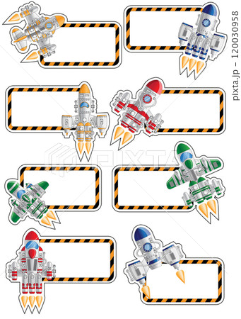 Set of blank labels with spaceships. Side view. Isolated on white background. Vector illustration. Set of blank labels with spaceships. Side view. Isolated on white background. Vector illustration. 120030958
