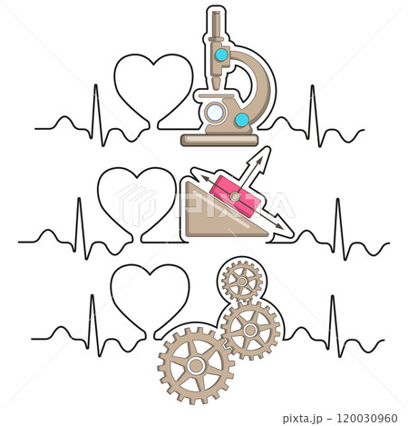 Love of physics. A set of physics equipment against the background of a heart and pulse. Isolated on white background. Vector illustration. 120030960