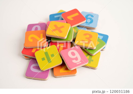Number wood block cubes for learning Mathematic, education math concept. Number wood block cubes for learning Mathematic, education math concept. 120031186