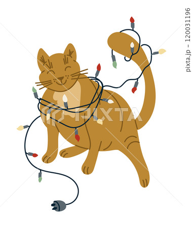 Funny vector hand drawn cat with Christmas garland 120031196