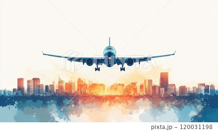 Airplane approaches for landing above city 120031198