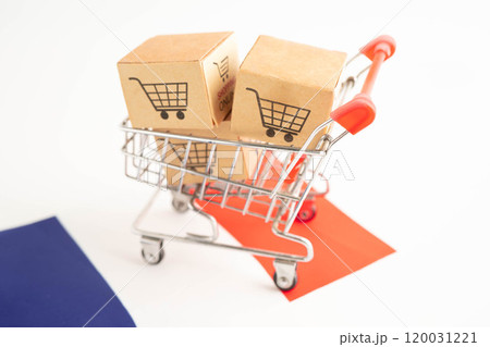 Online shopping, Shopping cart box on France flag, import export, finance commerce. 120031221