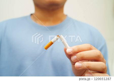 Quit smoking, Asian man breaking destroy cigarette in hand. Quit smoking, Asian man breaking destroy cigarette in hand. 120031287