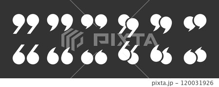 A set of white quotation mark icons on a dark background. Quotes, isolated vector icons in the form of commas, quotation marks. 120031926