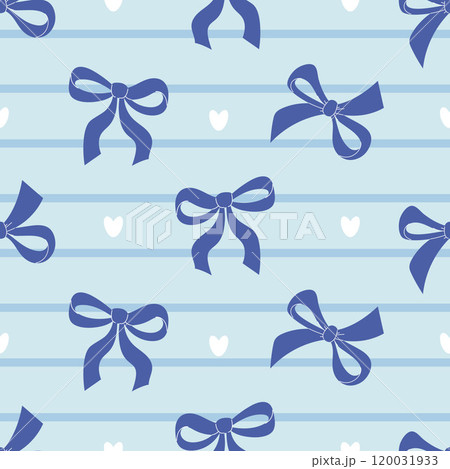 Seamless pattern dark blue ribbon bow on striped background with hearts. Trendy coquette aesthetic accessories design. Vector illustration. Seamless pattern dark blue ribbon bow on striped background with hearts. Trendy coquette aesthetic accessories design. Vector illustration. 120031933