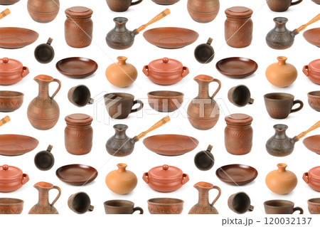 Beautiful collection of earthenware and ceramic dishes isolated on white. Seamless pattern. Beautiful collection of earthenware and ceramic dishes isolated on white. Seamless pattern. 120032137
